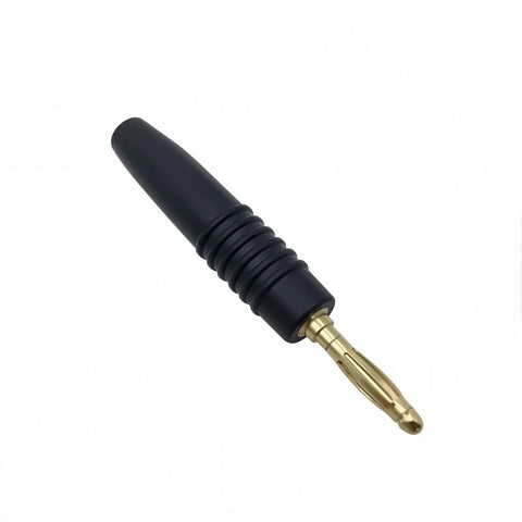 Heavy Duty Brass Banana Plug Connectors For Audio Speaker Wire Rock Solid And Plug And Play Setup showing black rubber grip with brass tip.