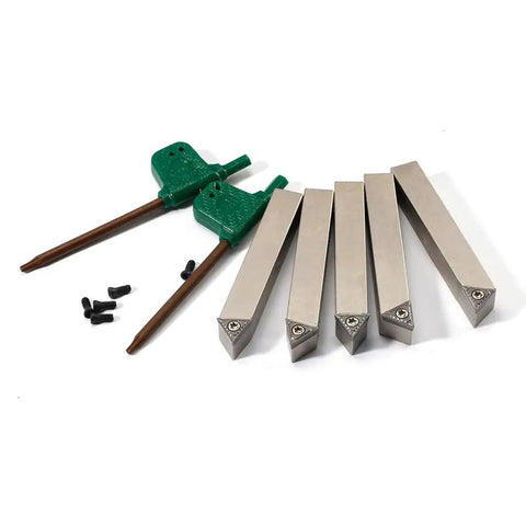 Straight Up Heavy Duty Mini Indexable Lathe Turning Tool Set With Three Eighth Inch Nickel Shank, five steel turning holders and dual wrenches.