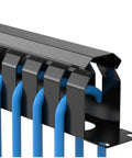 Rock Solid 24 Port Network Patch Panel For 19 Inch Rack Mount With Standard Rj45 Jacks Heavy Duty Cable Management Gear, blue cables organized in black panel.