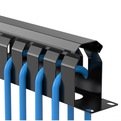 Rock Solid 24 Port Network Patch Panel For 19 Inch Rack Mount With Standard Rj45 Jacks Heavy Duty Cable Management Gear, blue cables organized in black panel.