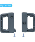 Gray latches with screws for Extra Wide Retractable Baby Gate Replacement Parts Kit, set against a white background.