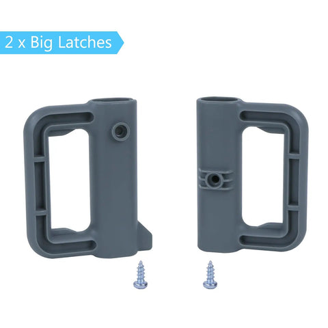 Gray latches with screws for Extra Wide Retractable Baby Gate Replacement Parts Kit, set against a white background.