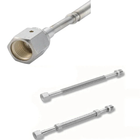 VCR bellows hose with 1/4 in fittings, SUS316L stainless steel, 500mm length (three views)