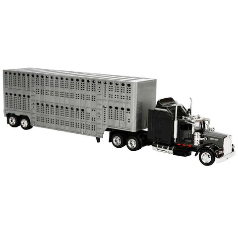 Kenworth W900 1 43 Diecast Pot Belly Livestock Trailer Long Hauler Rig With Chrome Detailing Realistic Farm Hauler Model