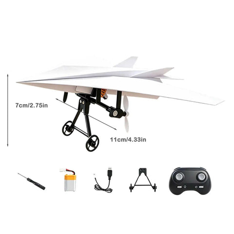 Electric Remote Control Paper Airplane Kit With Stabilizer And Dual Propellers, showing 11cm/4.33in plane and controller.