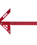 Sick Aluminum Alloy Woodworking Square For Dead Center Layout And 45 90 Degree Angle Measuring Tool With Sharp Scribe Ruler In Bold Red Metric Workshop Finish, angled view.