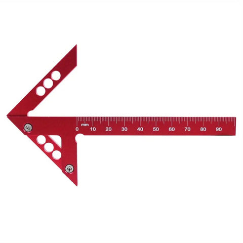 Sick Aluminum Alloy Woodworking Square For Dead Center Layout And 45 90 Degree Angle Measuring Tool With Sharp Scribe Ruler In Bold Red Metric Workshop Finish, angled view.