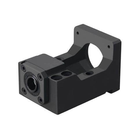 Steel 57mm NEMA 23 motor mounting bracket, angled front view with circular bore and mounting holes