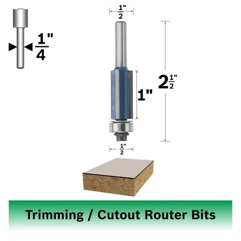 Half Inch Carbide Tipped 3 Flute Flush Trim Router Bit Pro Grade With Shielded Pilot Bearing for laminates and veneers