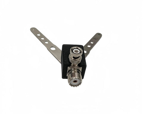 Universal Ham Radio Antenna Bracket With BNC To SO239 Adapter, stainless steel mount, showing connectors and adjustable arms