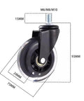 Close-up of 3 inch PU caster wheel with locking brake, M10 mount, dimensions labeled for Set Of Five 3 Inch PU Caster Wheels With Locking Brakes For Heavy Duty Furniture And Work Carts Roll Smoother Than Silk And Built Tough For Everyday Shop Grind And No Fuss M6 M8 M10 Mount Swaps.