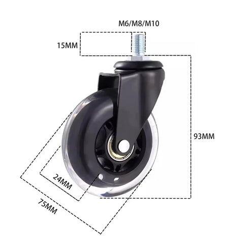 Close-up of 3 inch PU caster wheel with locking brake, M10 mount, dimensions labeled for Set Of Five 3 Inch PU Caster Wheels With Locking Brakes For Heavy Duty Furniture And Work Carts Roll Smoother Than Silk And Built Tough For Everyday Shop Grind And No Fuss M6 M8 M10 Mount Swaps.
