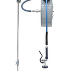 Heavy Duty 30 Foot Hose Reel Assembly With Closed Body And Exposed Piping For Commercial Cleaning Tasks Built Tough As Nails And Ready For The Daily Grind Made In Usa, chrome plated with retractable hose.