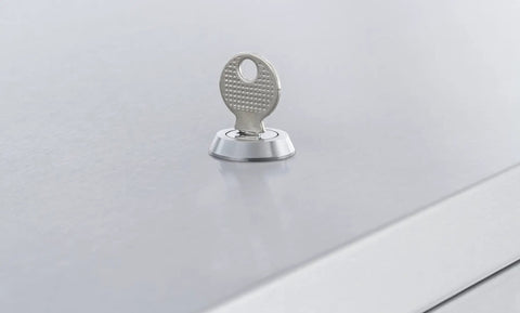 Close-up of key lock on Built Tough Stainless Steel Milk Crate Cooler Box With Heavy Duty Urethane Walls for security.