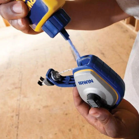 Filling the Speedline Pro Chalk Reel 100 Foot Hi Tensile Line With Easy Fill Lock Top Three To One Gear Rewind on a job site