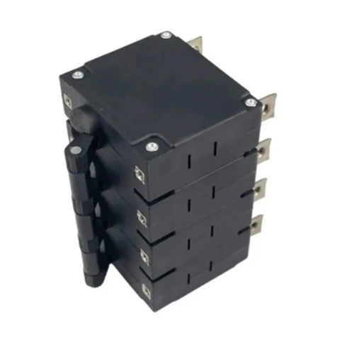 Heavy Duty Hydraulic Magnetic Circuit Breaker One To Four Pole Overload And Short Circuit Protection Up To Sixty Three Amps, black with levers and terminals.
