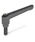 Zinc Die Cast Adjustable Handle With Threaded Stud, 3-39/64 Inch Length, 2-35/64 Inch Height, 1/2-13 TPI Thread, Black Oxide Finish