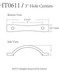 Technical drawing of Arched Hammered Cabinet Pulls 6 Pack in Aged Silver With 3 Inch Hole Centers showing dimensions