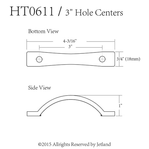 Technical drawing of Arched Hammered Cabinet Pulls 6 Pack in Aged Silver With 3 Inch Hole Centers showing dimensions