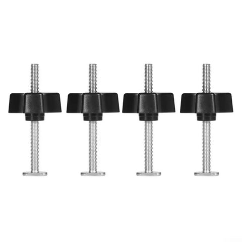 Four Pack M8 T Slot Bolts And Knobs Clamps With Plastic Handles For Woodworking Jigs Fixtures, Heavy Duty Workbench T Track Accessories Kit In Silver Black To Lock Your Project Down Smooth. Four M8 T-slot bolts with black plastic knobs and silver threads for woodworking jigs