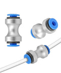 Two Piece Teflon Tube Connector High Flow 3D Printer Filament Feed Adapter Slick Aluminum Alloy and POM Design with Blue Caps