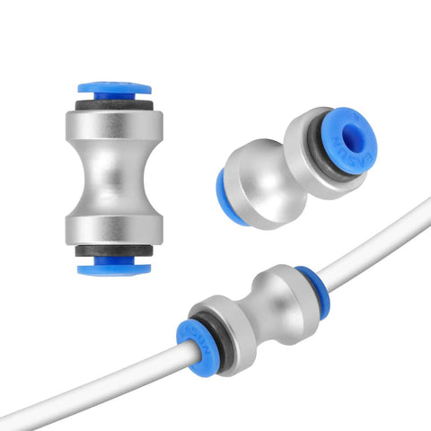 Two Piece Teflon Tube Connector High Flow 3D Printer Filament Feed Adapter Slick Aluminum Alloy and POM Design with Blue Caps