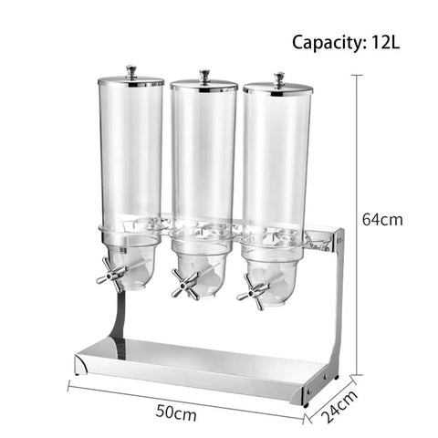 Game Changing Clear Cereal Dispenser For Countertop Kitchen Organization With Secure Lock Clip 12L capacity and three transparent containers.