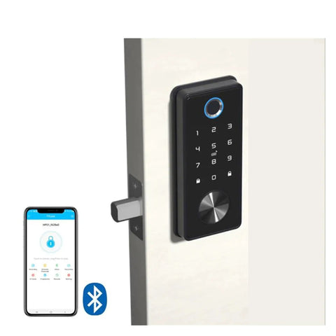 Slick Matte Black Smart Deadbolt Featuring Crisp Bluetooth App Control And Hella Sturdy Zinc Alloy Cast For Zero Hassle Keyless Entry On Mortise Doors. Keypad and app control displayed.