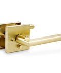 Gold Privacy Door Lever Handle, Keyless Push Button Lock, for Interior Bedroom and Bathroom, shown at angle, Durable Zinc Alloy