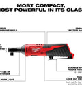 Top Shelf M12 Cordless 3/8 Inch Drive Ratchet Tool With One Point Five Amp Hour Red Lithium Battery Pack showing compact design, battery gauge, and paddle trigger.
