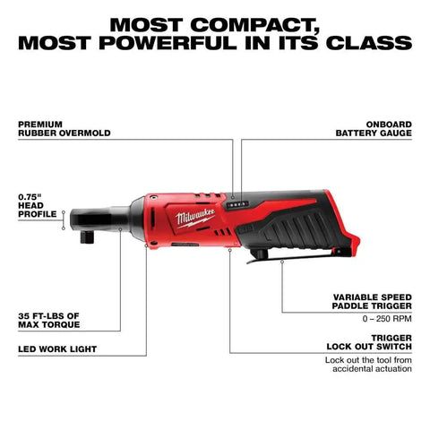 Top Shelf M12 Cordless 3/8 Inch Drive Ratchet Tool With One Point Five Amp Hour Red Lithium Battery Pack showing compact design, battery gauge, and paddle trigger.