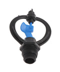 360 Degree Rotary Garden Sprinkler Nozzle For 1/2 And 3/4 Inch Hoses, ABS Lawn Irrigation Sprayer close-up view, black and blue