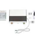Electric Tankless Water Heater 110v With Digital Display For Instant Hot Water On Demand, showing unit with manual and installation accessories.