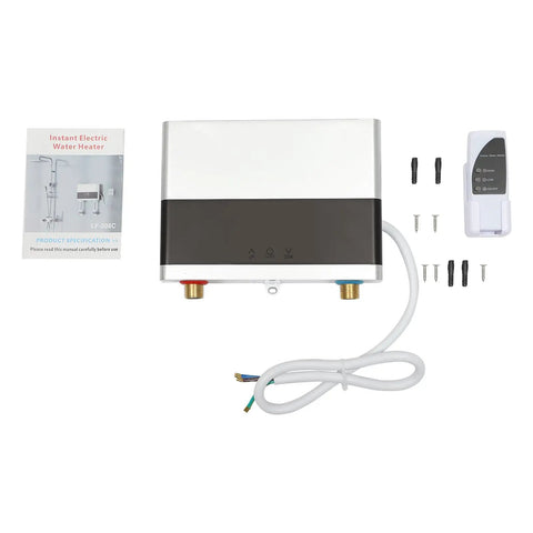 Electric Tankless Water Heater 110v With Digital Display For Instant Hot Water On Demand, showing unit with manual and installation accessories.