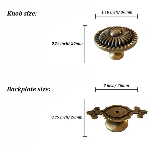 Brass Cabinet Knobs Set With Vintage Mushroom Backplates Easy Install Dresser Pull Handles For Kitchen Cupboard Wardrobe Cabinets Gold Finish Retro Style 4 Pieces, showing knob size 30x20mm and backplate size 76x20mm.