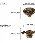 Antique Brass Mushroom Cabinet Knobs With Backplates showing dimensions of knob and backplate in inches and millimeters.