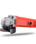 Portable Electric Angle Grinder Multipurpose Handheld Polisher Cutting And Grinding Tool With Rugged Non Slip Grip Heavy Duty Motor Splash Shield in red design.
