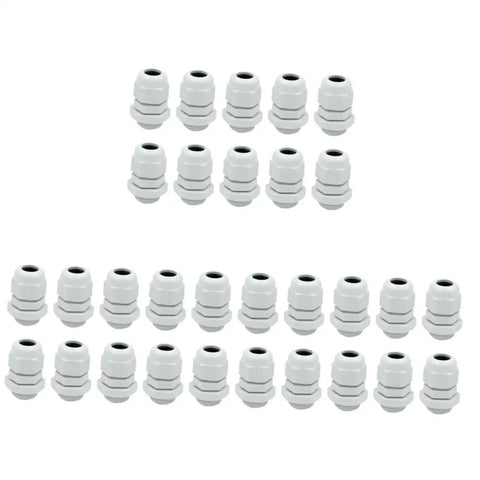 30 Pack M16x1.5 Cable Glands And Connectors, White Polyamide Seals For 5.0-10.0mm Cables, arranged in three rows
