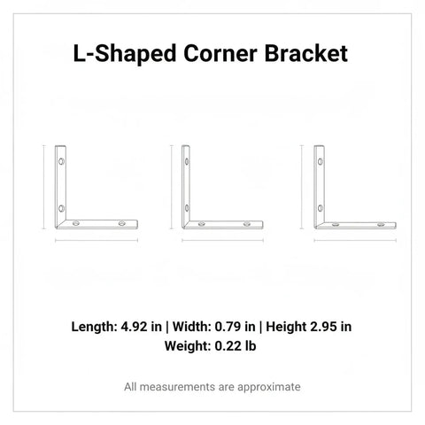 Diagram of Beefed-Up Heavy Duty L Shaped Corner Bracket For Furniture Reinforcement with measurements, 4.92 x 2.95 x 0.79 inches.