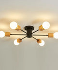 Rustic Wood Sputnik Ceiling Light Fixture With 6 Lights Semi Flush Mount Oak And Black Finish E26 Farmhouse Chandelier