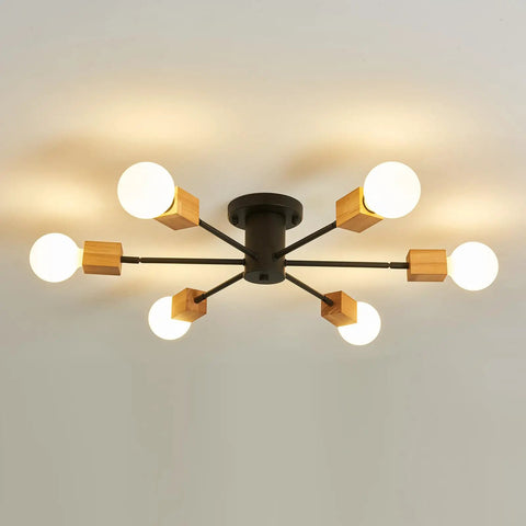 Rustic Wood Sputnik Ceiling Light Fixture With 6 Lights Semi Flush Mount Oak And Black Finish E26 Farmhouse Chandelier