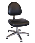Adjustable Height Cleanroom Chair Featuring Deluxe Vinyl Seat And Lightweight Aluminum Base Is ISO Class 4 Certified For Sterile Lab Settings Made In Usa, black seat and chrome base.