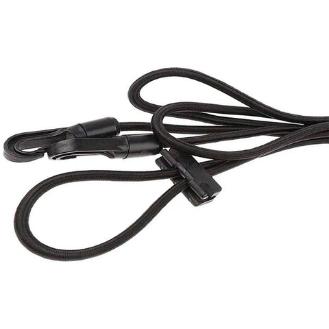 Close-up of three meter elastic neck stretcher for horses with adjustable headcollar in black nylon material