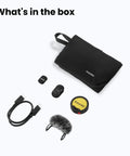 Wireless Lavalier Microphone With Customizable E Ink Display accessories including pouch, connectors, and windscreen.