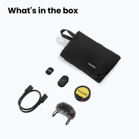 Wireless Lavalier Microphone With Customizable E Ink Display accessories including pouch, connectors, and windscreen.