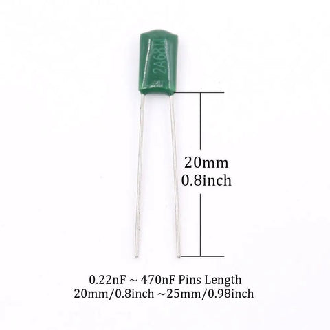 Green capacitor from Dope Mylar Film Capacitor Kit With 700 Pieces And 24 Values From 0.22nF To 470nF At 100V Tolerance 5 Percent