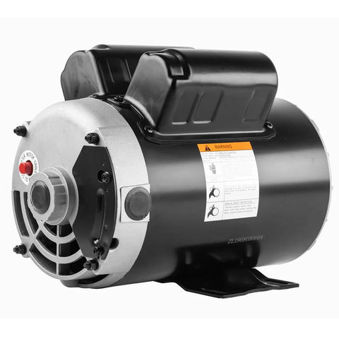 Front view of 3.7 HP 56-frame 230V single-phase air compressor motor with metal housing.