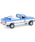 Rear side view of Ford F-250 XL 1991 Diecast Truck One Sixty Fourth Scale Chevron Emblems Blue Collar Series 14 Replica With Rubber Wheels