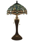 Lit Tiffany Style Sea Blue Dragonfly Stained Glass Table Lamp, 12 Inch Shade, antique green bronze base, pull chains visible