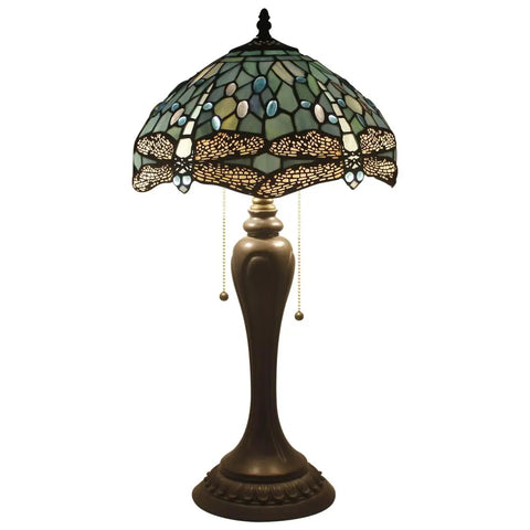 Lit Tiffany Style Sea Blue Dragonfly Stained Glass Table Lamp, 12 Inch Shade, antique green bronze base, pull chains visible